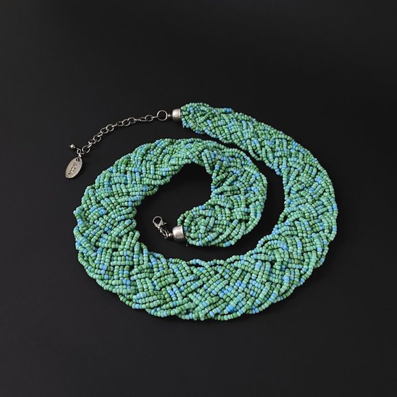 Tanjore India SignedTurquoise Blue Green Woven Seed Bead Collar Bib Necklace - Picture 6 of 12